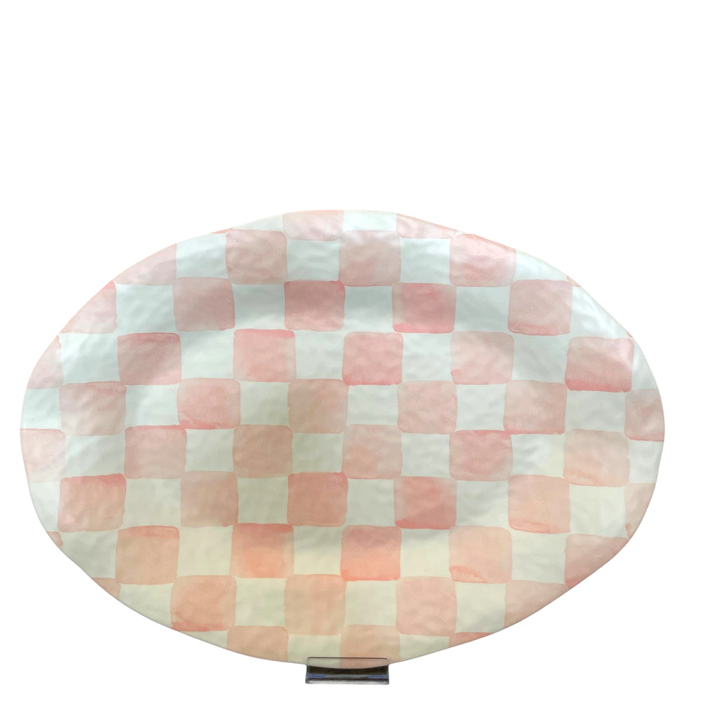 POSH PINK & WHITE CHECKERED MELAMINE LARGE XL 13X18 OVAL SERVING PLATTER NEW